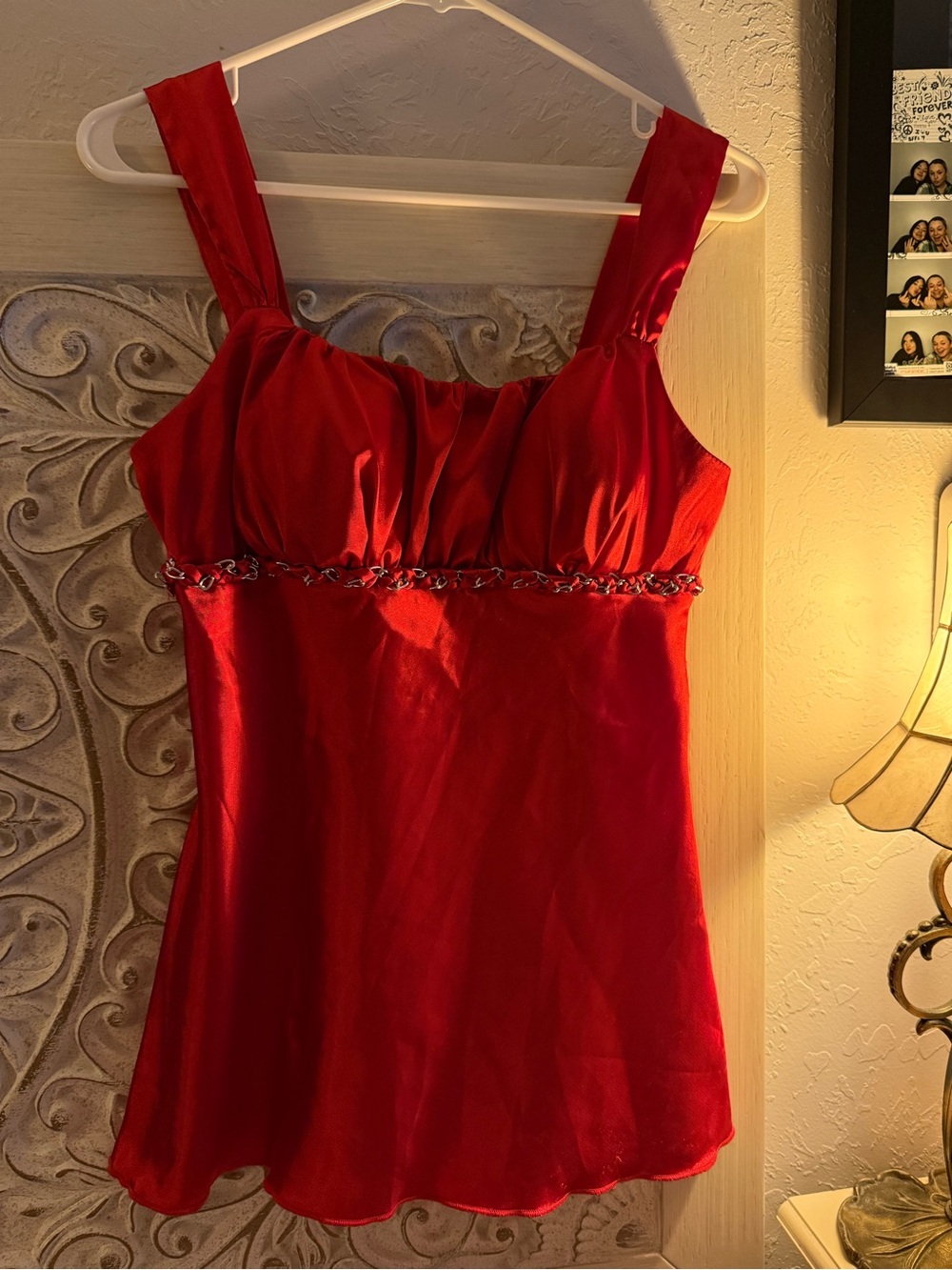 Red Satin Women’s babydoll Cami with Embellished Empire Waist
